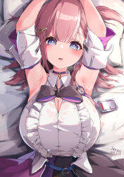 Rule 34 | 1girl, absurdres, armpits, arms up, asta (honkai: star rail), bare shoulders, black bow, blue eyes, bow, breasts, choker, cleavage, hair ornament, highres, honkai: star rail, honkai (series), id card, large breasts, looking at viewer, on bed, pink hair, purple choker, shirt, solo, ta1sh1, white shirt