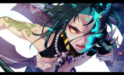 Rule 34 | 1boy, angry, arm tattoo, armor, asymmetrical clothes, bead necklace, beads, commentary, detached sleeves, dust, eyeshadow, facial mark, forehead mark, fuka (hk nemo), genshin impact, green hair, highres, holding, holding polearm, holding spear, holding weapon, jewelry, leaning forward, letterboxed, makeup, male focus, mask, mask over one eye, necklace, open mouth, parted bangs, polearm, red eyeshadow, shirt, short hair, shoulder armor, shoulder spikes, simple background, single bare shoulder, single detached sleeve, slit pupils, solo, spear, spikes, tattoo, teeth, upper body, weapon, white background, white shirt, white sleeves, xiao (genshin impact), yellow eyes