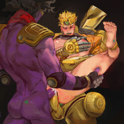 Rule 34 | 1boy, anal, armor, ashva, ass, bleeding, blonde hair, blood, blush, colored skin, crying, dio brando, double anal, double penetration, erection, feet, forced, highres, jojo no kimyou na bouken, male penetrated, multiple anal, muscular, muscular male, nipples, pain, penis, purple skin, rape, red eyes, sex, soles, spread legs, stand (jojo), star platinum, stardust crusaders, suspended congress, testicles, the world, wince, yaoi
