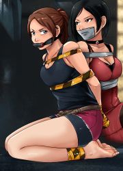 Rule 34 | 2girls, barefoot, bike shorts, bit gag, black hair, black tank top, blue eyes, bound, bound ankles, bound torso, bound wrists, breasts, brown eyes, brown hair, capcom, choker, claire redfield, cleavage, dress, earrings, feet, gag, gagged, highres, improvised gag, jewelry, legs, lost one zero, medium breasts, multiple girls, necklace, red dress, resident evil, resident evil 2, seiza, shirt, shorts, sitting, sleeveless, sleeveless shirt, tank top, tape, tape gag, thighs