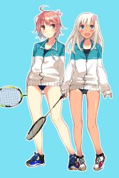 Rule 34 | 10s, 2girls, :d, ahoge, aqua background, badminton racket, bare legs, blonde hair, blue eyes, blush, flower, hair flower, hair ornament, highres, i-58 (kancolle), image sample, jacket, kantai collection, long hair, looking at viewer, md5 mismatch, multiple girls, open mouth, pink eyes, pink hair, racket, resolution mismatch, ro-500 (kancolle), sahuyaiya, school swimsuit, shoes, short hair, simple background, smile, sneakers, source larger, swimsuit, swimsuit under clothes, tan, tanline, track jacket