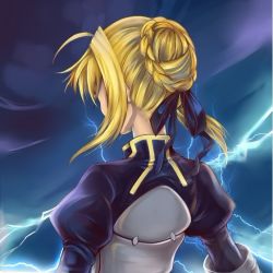 Rule 34 | 1girl, ahoge, armor, artoria pendragon (fate), bad id, bad pixiv id, blonde hair, dress, electricity, fate/stay night, fate (series), from behind, gauntlets, hair ribbon, puffy sleeves, ribbon, saber (fate), solo, vilor