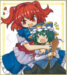Rule 34 | 2girls, :d, :o, blush, fang, green eyes, green hair, hair bobbles, hair ornament, hat, heart, height difference, hug, hug from behind, long hair, multiple girls, onozuka komachi, open mouth, red eyes, red hair, shiki eiki, shikishi, smile, touhou, two side up, yagami (mukage)