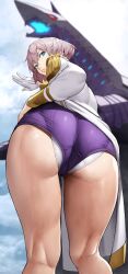 Rule 34 | 1girl, absurdres, ass, ass focus, blue eyes, coat, epaulettes, foreshortening, gloves, gridman universe, hand on own hip, highres, long sleeves, looking at viewer, looking back, mujina, panties, panty peek, pink hair, purple shorts, short hair, short shorts, shorts, solo focus, ssss.dynazenon, thighs, underwear, white coat, white panties, yoshio (55level)