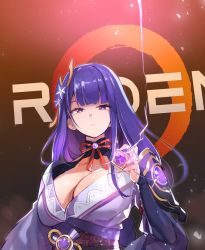 Rule 34 | 1girl, amd, amd ryzen, braid, brand name imitation, breasts, cleavage, closed mouth, ddolggol, electricity, expressionless, genshin impact, gnosis (genshin impact), hair ornament, japanese clothes, kimono, large breasts, long hair, looking at viewer, low-braided long hair, low-tied long hair, mitsudomoe (shape), mole, mole under eye, obi, obiage, obijime, purple eyes, purple hair, purple kimono, raiden shogun, sash, solo, tomoe (symbol), twitter, upper body