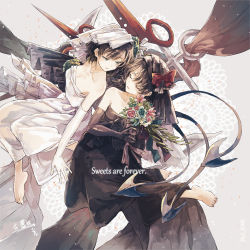 Rule 34 | 2girls, anchor, asymmetrical wings, bare shoulders, barefoot, beige background, black dress, black gloves, black hair, bouquet, bow, breasts, bridal veil, cleavage, collarbone, corsage, dated, dress, elbow gloves, english text, closed eyes, flower, gloves, hisona (suaritesumi), houjuu nue, lace background, multiple girls, murasa minamitsu, strapless, strapless dress, touhou, veil, wedding dress, white dress, white gloves, wings