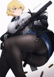 Rule 34 | 1girl, ass, belt, black gloves, black jacket, black pantyhose, blonde hair, blue belt, blue bow, blue bowtie, blue eyes, blue skirt, bow, bowtie, breasts, buckle, collared shirt, girls&#039; frontline, gloves, gun, hair between eyes, hair ornament, highres, jacket, large breasts, laser sight, light blush, looking to the side, magazine (weapon), mishima hiroji, mole, mole under eye, open mouth, panties, panties under pantyhose, pantyhose, radio, ribbon, rifle, russian text, scope, shell casing, shirt, shirt tucked in, short hair, sidelocks, skirt, snap-fit buckle, sniper rifle, snowflake hair ornament, solo, striped bow, striped bowtie, striped clothes, suppressor, taut clothes, taut skirt, underwear, vsk-94, vsk-94 (girls&#039; frontline), weapon, white shirt