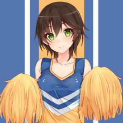Rule 34 | 1girl, blush, breasts, brown hair, cheerleader, female focus, green eyes, large breasts, looking at viewer, original, pom pom (cheerleading), short hair, shuuichi, smile, solo, striped, striped background, upper body