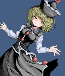 Rule 34 | 1girl, black hat, black skirt, blonde hair, blue background, closed mouth, collarbone, crescent, crescent hat ornament, fe (tetsu), frilled hat, frills, hat, hat ornament, highres, long sleeves, looking at viewer, lunasa prismriver, short hair, simple background, skirt, solo, touhou, yellow eyes