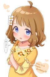 Rule 34 | 1girl, ahoge, blue eyes, blush, brown hair, child, commentary request, crossed arms, dot nose, dress, flat chest, floral print, flower, hair flower, hair ornament, happy birthday, heart, highres, idolmaster, idolmaster million live!, kahiika, long sleeves, looking at viewer, open mouth, short hair, sidelocks, solo, speech bubble, suou momoko, translation request, upper body, wavy hair, white background, yellow dress