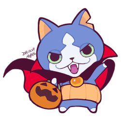 Rule 34 | 10s, artist name, cape, cat, colored sclera, cowl, dated, dracula, fangs, gabunyan, ghost-pepper, green sclera, halloween, haramaki, jack-o&#039;-lantern, looking at viewer, lowres, no humans, notched ear, open mouth, pumpkin, simple background, solo, traditional youkai, vampire, white background, youkai watch, youkai watch 2