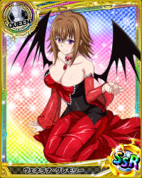 Rule 34 | 10s, 1girl, ahoge, artist request, bat wings, breasts, brown hair, card (medium), character name, checkered background, chess piece, covered erect nipples, demon wings, gradient background, high school dxd, jewelry, large breasts, long hair, necklace, official art, purple eyes, queen (chess), rainbow background, runes, solo, sparkle, trading card, venelana gremory, wings