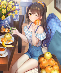 Rule 34 | 1girl, ;d, absurdres, bare shoulders, basket, blush, bottle, bra strap, breasts, brown eyes, brown hair, chromatic aberration, collarbone, cup, denim, denim shorts, flower, food, fruit, grin, hair ornament, hair scrunchie, high-waist shorts, highres, holding, holding food, holding fruit, long hair, looking at viewer, off-shoulder shirt, off shoulder, one eye closed, open mouth, orange (fruit), original, plaid, plant, plate, ponytail, potted plant, saucer, scissors, scrunchie, shirt, shorts, sidelocks, sitting, small breasts, smile, solo, table, teacup, teffish, thighs, white shirt, yellow flower