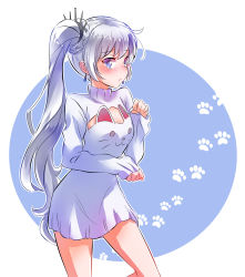 Rule 34 | 1girl, blue eyes, blush, braid, breasts, cleavage cutout, clothing cutout, dress, earrings, hair between eyes, highres, iesupa, jewelry, long hair, long sleeves, looking at viewer, rwby, short dress, side ponytail, silver hair, small breasts, solo, standing, sweater, sweater dress, very long hair, weiss schnee, white background, white sweater