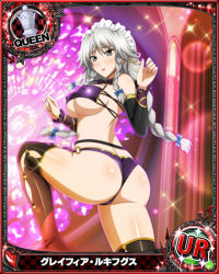 Rule 34 | 1girl, ass, back, black thighhighs, blush, bow, braid, breasts, card (medium), character name, chess piece, choker, covered erect nipples, embarrassed, grayfia lucifuge, grey eyes, high school dxd, large breasts, lipstick, long hair, maid headdress, makeup, o-ring, o-ring bottom, official art, queen (chess), red lips, sideboob, silver hair, solo, thighhighs, trading card, twin braids
