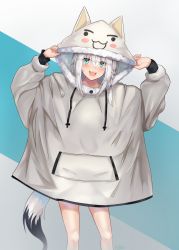 Rule 34 | 1girl, absurdres, animal hood, blush, braid, commentary request, fox girl, fox tail, green eyes, hair between eyes, highres, hololive, hood, hood up, hoodie, long hair, long sleeves, looking at viewer, micon, open mouth, shirakami fubuki, sidelocks, signature, simple background, single braid, smile, solo, tail, virtual youtuber, white hair
