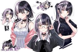 Rule 34 | 1girl, alternate costume, black hair, breasts, chibi, cleavage, glasses, grey hair, hair ornament, highres, hololive, hololive english, medium breasts, multicolored hair, multiple views, ponytail, round eyewear, shiori novella, solo, split-color hair, two-tone hair, virtual youtuber, yellow eyes, yomosaka