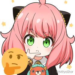 Rule 34 | 1girl, ahoge, anya (spy x family), black jacket, child, closed mouth, collared shirt, emoji, green eyes, imitating, jacket, looking at viewer, mitya, pink hair, school uniform, shirt, simple background, smile, solo, spy x family, star (symbol), starry background, twitter username, upper body, white background, white shirt
