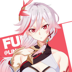 Rule 34 | 1girl, absurdres, bare shoulders, china dress, chinese clothes, closed mouth, dress, fu hua, fu hua (phoenix), hair between eyes, hair ornament, highres, honkai (series), honkai impact 3rd, jiaoxiang tc, long hair, looking at viewer, multicolored hair, ponytail, red eyes, solo, streaked hair, white background, white hair