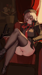 Rule 34 | 1girl, absurdres, ass, assault rifle, belt, beret, black gloves, black jacket, black shirt, black thighhighs, breasts, crossed legs, gloves, goddess of victory: nikke, gun, hand on own face, hat, highres, jacket, large breasts, looking at viewer, necktie, pool (lautomaton), pouch, rapi (nikke), red necktie, rifle, shirt, sitting, solo, star (symbol), thighhighs, thighs, weapon
