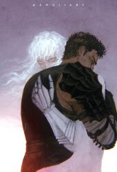 Rule 34 | 2boys, amuii, armor, artist name, berserk, black eyes, black hair, blue eyes, commentary, covered mouth, cuts, english commentary, from side, gauntlets, gradient background, griffith (berserk), guts (berserk), hand on another&#039;s back, highres, hug, injury, long hair, male focus, multiple boys, pauldrons, pink background, short hair, shoulder armor, twitter username, upper body, wavy hair, white hair
