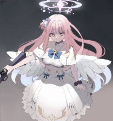 Rule 34 | 1girl, absurdres, blue archive, bow, breasts, closed mouth, dress, feathered wings, feathers, flower, gun, hair bun, hair flower, hair ornament, halo, highres, holding, holding gun, holding weapon, long hair, looking at viewer, medium breasts, mika (blue archive), multicolored hair, pink hair, purple flower, saibashi (develop komono), scrunchie, simple background, single side bun, solo, very long hair, weapon, white dress, white wings, wings, wrist scrunchie, yellow eyes