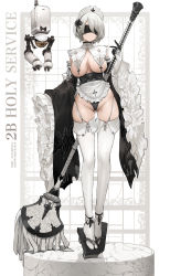 Rule 34 | 1girl, absurdres, apron, artist name, black blindfold, black footwear, black gloves, black leotard, black ribbon, blindfold, bow, breasts, cameltoe, closed mouth, commentary, copyright name, covered eyes, detached sleeves, dishwasher1910, english commentary, english text, floating, frilled apron, frilled sleeves, frills, full body, garter straps, geta, gloves, gluteal fold, highres, holding, large breasts, leotard, long sleeves, maid headdress, marble (stone), mop, nier:automata, nier (series), no bra, parted bangs, partially visible vulva, platform clogs, pod (nier:automata), revealing clothes, ribbon, short hair, skindentation, sleeves past fingers, sleeves past wrists, standing, thighhighs, thighs, waist apron, white apron, white hair, white thighhighs, wide sleeves, 2b (nier:automata)