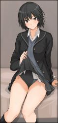 Rule 34 | 1girl, amagami, arm at side, bad id, bad twitter id, bed sheet, black hair, black jacket, black one-piece swimsuit, black skirt, black socks, blazer, blush, brown eyes, closed mouth, clothes lift, collared shirt, competition swimsuit, feet out of frame, jacket, kibito high school uniform, kneehighs, lifting own clothes, long sleeves, looking at viewer, miniskirt, mobu, nanasaki ai, on bed, one-piece swimsuit, open clothes, open jacket, pleated skirt, school uniform, shirt, short hair, sitting, skirt, skirt lift, smile, socks, solo, sweater vest, swimsuit, swimsuit under clothes, unbuttoned