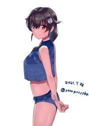 Rule 34 | 1girl, arms behind back, bikini, black hair, blue bikini, braid, breasts, dated, hair flaps, hair ornament, highres, jingei (kancolle), kantai collection, large breasts, long hair, looking at viewer, one-hour drawing challenge, porupurucha, red eyes, simple background, single braid, smile, solo, swimsuit, twitter username, white background