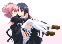 Rule 34 | 2girls, arms around neck, assault lily, black hair, black ribbon, black skirt, blush, brown footwear, carrying, clover hair ornament, cowboy shot, cropped jacket, eye contact, floating hair, frilled skirt, frills, gradient background, hair ornament, hands up, high-waist skirt, hitotsuyanagi riri, juliet sleeves, leg ribbon, loafers, long hair, long sleeves, looking at another, multiple girls, musashiya chougenbou, neck ribbon, one side up, outline, parted lips, pink background, pink eyes, pink hair, princess carry, profile, puffy sleeves, purple eyes, ribbon, school uniform, shirai yuyu, shoes, short hair, skirt, smile, sparkle, standing, thighhighs, very long hair, white background, white legwear, white outline, yuri, yurigaoka girls academy school uniform