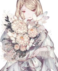Rule 34 | 1girl, artist name, bad id, bad pixiv id, bouquet, braid, dated, flower, highres, lemming no suana, long hair, original, red eyes, simple background, solo, standing, white background