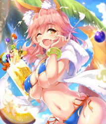 Rule 34 | 1girl, animal ear fluff, animal ears, bare shoulders, bikini, blue bikini, blue sky, blueberry, blush, bracelet, breasts, cleavage, cup, day, fang, fate/grand order, fate (series), food, fox ears, fox girl, fox tail, fruit, hair between eyes, heart, heart-shaped pupils, highres, ice cream, ice cream float, jewelry, large breasts, long hair, looking at viewer, mint, mug, navel, one eye closed, open mouth, palm tree, peach, pink hair, pocky, side-tie bikini bottom, sky, smile, solo, spoon, strawberry, swimsuit, symbol-shaped pupils, tail, tamamo (fate), tamamo no mae (fate/extra), tamamo no mae (swimsuit lancer) (fate), tamamo no mae (swimsuit lancer) (third ascension) (fate), tel-o, towel, towel around neck, tree, yellow eyes