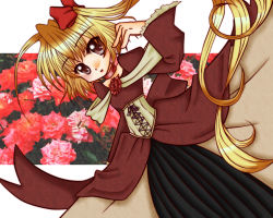 Rule 34 | 1girl, :o, blush, collarbone, dress, dutch angle, female focus, flandre scarlet, flower, long hair, long sleeves, looking at viewer, parted lips, red dress, red flower, red rose, rose, short hair, side ponytail, solo, suou asuka, tareme, touhou, very long hair