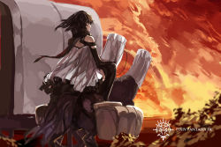 Rule 34 | 1girl, bad id, bad pixiv id, black hair, brown hair, highres, paradise, pixiv fantasia, pixiv fantasia fallen kings, riding, saddle, scarf, solo, sunset, swd3e2, sword, thighhighs, wagon, weapon