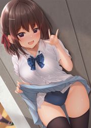 Rule 34 | 1girl, 1other, black thighhighs, blue bow, blue one-piece swimsuit, blue skirt, blush, bow, braid, breasts, brown hair, clothes lift, collared shirt, dress shirt, fox shadow puppet, hair bow, hair ornament, hairclip, hand up, lifted by self, looking at viewer, medium breasts, minato ojitan, one-piece swimsuit, open mouth, original, plaid, plaid bow, pleated skirt, red bow, red eyes, school uniform, shirt, skirt, skirt lift, solo focus, swimsuit, swimsuit under clothes, tan, thighhighs, wet, white shirt
