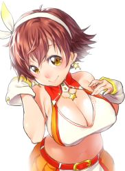 Rule 34 | 10s, 1girl, :&gt;, arm up, arm warmers, armpits, bare shoulders, belt, belt buckle, blush, breasts, brown hair, buckle, closed mouth, collared vest, cowboy shot, earrings, hair ribbon, hairband, hand in own hair, hand on own chest, head tilt, honda mio, idolmaster, idolmaster cinderella girls, jewelry, large breasts, midriff, multicolored clothes, multicolored skirt, navel, onsoku inu, orange skirt, ribbon, short hair, skirt, sleeveless, smile, solo, star (symbol), star earrings, stomach, tareme, vest, white ribbon, yellow eyes