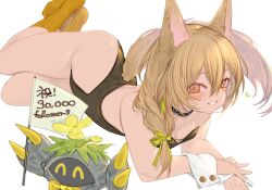 Rule 34 | 1girl, ^ ^, animal ears, arknights, bare shoulders, beanstalk (arknights), black leotard, blush, braid, breasts, cleavage, closed eyes, clothing cutout, collar, creature, green ribbon, hair over shoulder, hair ribbon, heart, infection monitor (arknights), kneehighs, kochiya (gothope), leotard, long hair, looking at viewer, lying, metal crab (arknights), milestone celebration, on side, orange eyes, parted lips, ribbon, simple background, single braid, sleeves past wrists, small breasts, smile, socks, solo, strapless, strapless leotard, tail, tail through clothes, thighs, twisted torso, white background, yellow socks
