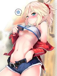 Rule 34 | 1girl, bandeau, bare shoulders, belt, black belt, blonde hair, blue shorts, blush, braid, breasts, closed mouth, clothes lift, crop top, denim, denim shorts, fang, fate/apocrypha, fate/grand order, fate (series), from below, green eyes, hair ornament, hair scrunchie, highres, jacket, jewelry, long hair, long sleeves, looking at viewer, mordred (fate), mordred (fate/apocrypha), mordred (memories at trifas) (fate), mozu (peth), navel, necklace, nipples, no bra, off-shoulder jacket, off shoulder, open clothes, open fly, open jacket, open shorts, parted bangs, ponytail, red jacket, red scrunchie, scrunchie, short shorts, shorts, small breasts, solo, spoken squiggle, squiggle, sweatdrop, thighs