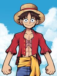 Rule 34 | 1boy, abs, black eyes, brown hair, clenched hands, cloud, commentary, cross scar, english commentary, facial scar, hat, highres, kermittend, male focus, monkey d. luffy, one piece, open clothes, open shirt, scar, scar on cheek, scar on chest, scar on face, smile, solo, sun hat, toned, toned male, upper body