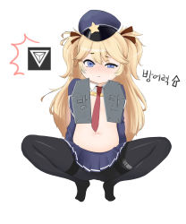 Rule 34 | 1girl, absurdres, arrow (symbol), bad id, bad pixiv id, black pantyhose, blonde hair, blue hat, blue jacket, blue skirt, blush, brown ribbon, closed mouth, clothes lift, collared shirt, full body, girls&#039; frontline, hair between eyes, hair ribbon, half-closed eye, hat, highres, jacket, korean text, long hair, looking at viewer, navel, necktie, no shoes, nose blush, note2000, open clothes, open jacket, pantyhose, peaked cap, pleated skirt, red necktie, ribbon, shield module, shirt, shirt lift, simple background, skirt, solo, spread legs, squatting, star (symbol), stomach, super-shorty (girls&#039; frontline), sweater vest, thighband pantyhose, translation request, two side up, uneven eyes, very long hair, white background, white shirt