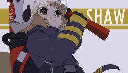 Rule 34 | 1girl, arknights, axe, belt, brown eyes, brown hair, commentary, cowboy shot, daimondai4, english text, firefighter, firefighter jacket, from below, helmet, jacket, oxygen tank, shaw (arknights), simple background, solo, squirrel girl, squirrel tail, tail