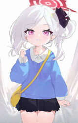 Rule 34 | 1girl, :d, aged down, alternate costume, bag, black skirt, blue archive, commentary request, forehead, hair ornament, hair scrunchie, halo, highres, kindergarten uniform, long hair, long sleeves, looking at viewer, measho, mutsuki (blue archive), open mouth, parted bangs, parted lips, pleated skirt, pointy ears, purple eyes, school bag, scrunchie, shoulder bag, sidelocks, simple background, skirt, smile, solo, white hair