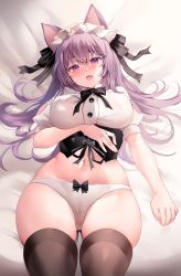 Rule 34 | 1girl, absurdres, animal ears, blush, bow, bow panties, breasts, brown thighhighs, cameltoe, cat ears, fang, highres, large breasts, light purple hair, long hair, looking at viewer, lying, maid headdress, navel, on back, open mouth, original, panties, puffy short sleeves, puffy sleeves, purple eyes, short sleeves, smile, solo, thighhighs, underwear, white panties, zerocat