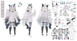 Rule 34 | 1girl, absurdres, animal ears, black hair, black thighhighs, blue eyes, cat ears, cat tail, character request, character sheet, check character, cross-shaped pupils, garter belt, gradient hair, grey hair, highres, horns, mosou cat girl (mosou keito), mosou keito, multicolored hair, original, striped clothes, striped thighhighs, sweater, symbol-shaped pupils, tail, thighhighs, two side up, white sweater, zettai ryouiki