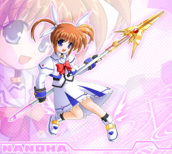Rule 34 | 00s, 1girl, black gloves, blue eyes, boots, bow, brown hair, buckle, character name, cropped jacket, fingerless gloves, full body, gloves, hair ribbon, long hair, looking at viewer, lyrical nanoha, magazine (weapon), magic circle, magical girl, mahou shoujo lyrical nanoha, mahou shoujo lyrical nanoha a&#039;s, open mouth, polearm, puffy sleeves, purple eyes, raising heart, red bow, red hair, ribbon, shoes, skirt, skirt set, smile, solo, standing, standing on one leg, sumeragi kou, takamachi nanoha, twintails, weapon, winged footwear, wings, zoom layer