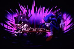 Rule 34 | 2boys, angry, black sclera, blood, bloody tears, claws, colored sclera, crying, crying with eyes open, exe (revie), faker (revie), gloves, holding chess piece, looking at another, lord x (sonic.exe), multiple boys, muto157, playing chess, red eyes, sharp teeth, smile, sonic.exe, sonic (series), sonic the hedgehog, tears, teeth, white gloves, yellow teeth