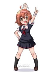 Rule 34 | 1girl, black serafuku, brown eyes, brown hair, creature on head, dated, hairband, index finger raised, kantai collection, looking at viewer, masara (chuujou), one eye closed, open mouth, orange hairband, pointing, pointing up, scarf, school uniform, serafuku, shiratsuyu (kancolle), short hair, simple background, solo, the yuudachi-like creature, twitter username, white background