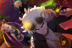 Rule 34 | 1girl, 2boys, adjusting eyewear, arm tattoo, back, bad id, bad pixiv id, bare shoulders, blonde hair, blouse, chain, chain necklace, covered navel, creatures (company), crossed arms, dark-skinned male, dark skin, ear piercing, eyewear on head, frown, game freak, gladion (pokemon), graffiti, guzma (pokemon), hair ornament, hand on eyewear, hand on own hip, hood, hoodie, jewelry, looking at viewer, makeup, mascara, midriff, multicolored hair, multiple boys, navel, necklace, nintendo, outdoors, pants, piercing, pink hair, plumeria (pokemon), pokemon, pokemon sm, pubic tattoo, rupinesu, shirt, short sleeves, skull hair ornament, smile, smirk, stomach, stomach tattoo, sunglasses, tattoo, team skull, thick eyebrows, twintails, two-tone hair, watch, wavy hair, white hair, white shirt, yellow eyes
