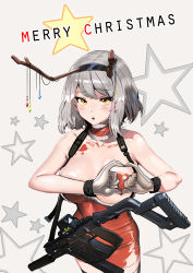 Rule 34 | 1girl, absurdres, antlers, bad id, bad pixiv id, black thighhighs, blush, body writing, breasts, character name, choker, cleavage, closed mouth, collarbone, fake antlers, fur-trimmed choker, fur-trimmed tube top, fur trim, girls&#039; frontline, gloves, grey hair, gun, hairband, heart, heart hands, heart pasties, highres, horns, ihobus, kriss vector, looking at viewer, medium breasts, one breast out, open mouth, pasties, red tube top, short hair, solo, strapless, submachine gun, thighhighs, tube top, vector (girls&#039; frontline), weapon, yellow eyes