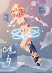 Rule 34 | 1girl, absurdres, asymmetrical legwear, black thighhighs, blonde hair, blue eyes, braid, breasts, cevio, character name, cleavage, commentary request, convenient leg, elbow gloves, full body, gloves, grin, highres, looking at viewer, materializing, medium breasts, medium hair, navel, one (cevio), revealing clothes, smile, solo, songjiangcc, thighhighs, uneven legwear, white gloves